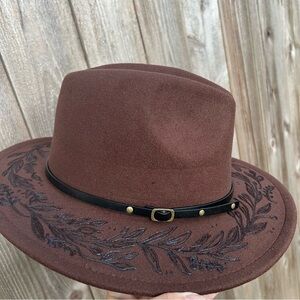 👒 NEW NBW Nature Inspired Brown Felt Fedora Hat Burned Design women/men